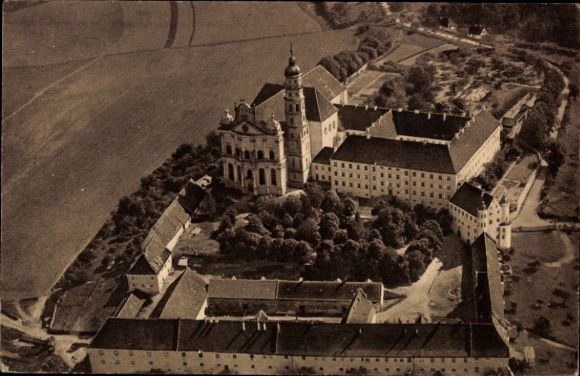 Postcard Neresheim in Württemberg, aerial view of the Benedictine abbey, architecture, green surroundings
