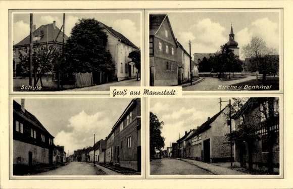 Postcard Mannstedt Buttstädt in Thuringia, school, church, monument, greeting from four views