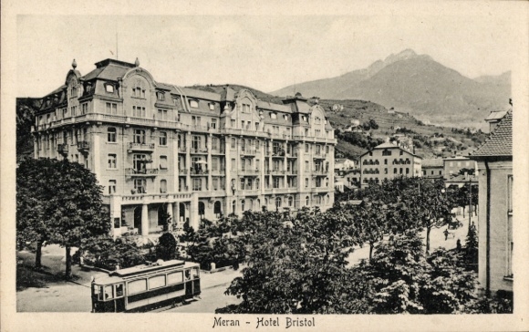 Postcard Meran Merano South Tyrol, Hotel Bristol, tram