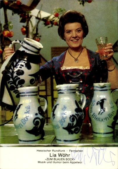 Postcard actress Lia Wöhr, portrait, Zum blauen Bock, music and humor at Äppelwoi, autograph