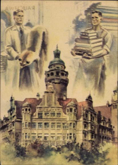 Artist PC Leipzig, First Leipzig Peace Fair 1947, town hall, fur dealers, bookseller