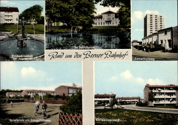 Ak Hamburg Wandsbek Farmsen Bern, speeltuin, kinderfontein, park, rond het treinstation van Bern