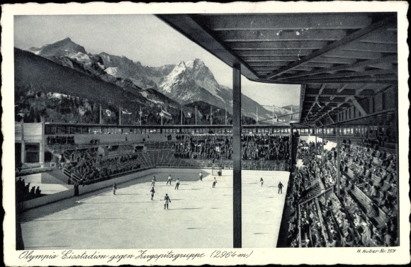 Postcard Garmisch Partenkirchen, Olympic Ice Stadium against the Zugspitze Group, ice hockey
