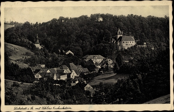 Postcard Liebstadt in the Ore Mountains, panorama of the town with Kuckuckstein Castle
