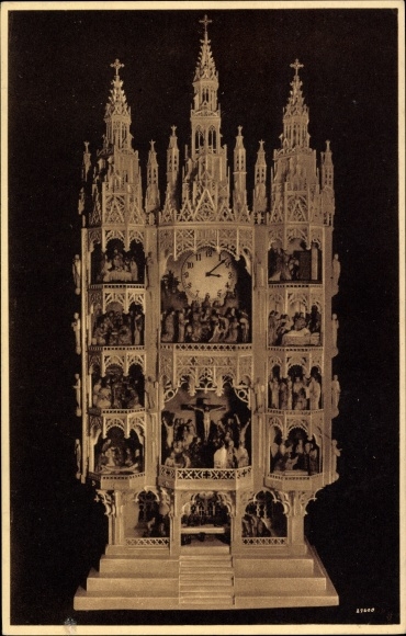 Postcard marble art clock, exhibited in the Kaiserhaus Goslar, builder Ed. Miner