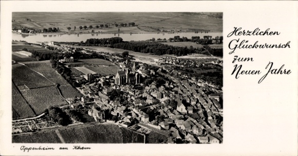 Ak Oppenheim am Oberrhein, Luftaufnahme von Oppenheim, Flusslandschaft, Gruß zum Neuen Jahr
