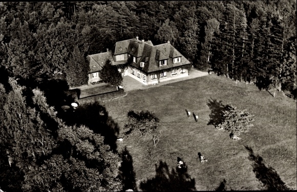 Postcard Schnakenbek in Schleswig Holstein, aerial photograph of the Sandkrughof, forest, meadow