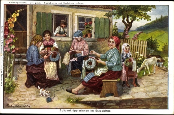 Artist PC Schneider, Rud., Lace-making women in the Ore Mountains, goat, publishing house Wilhelm Vogel
