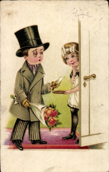 Postcard Noble man with bouquet of flowers, maid