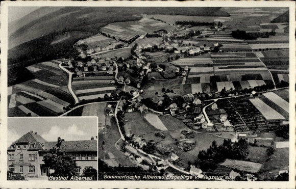 Postcard Albernau Zschorlau in the Ore Mountains, aerial photograph, Gasthof Albernau