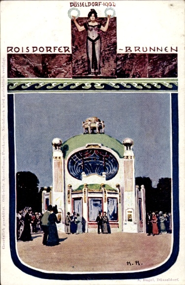 Artist Postcard Düsseldorf am Rhein, Industrial and Trade Exhibition 1902, Roisdorf Fountain
