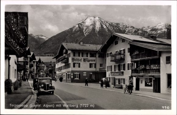 Postcard Tegernsee in Upper Bavaria, beautiful alpine landscape, Wallberg, old cars, buildings