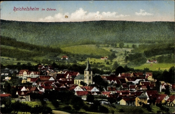 Ak Reichelsheim im Odenwald Hessen, Gesamtansicht der Stadt, Kirche und Wald