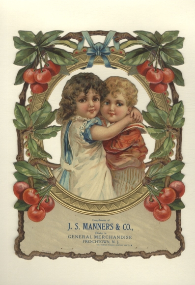 Wafer advertising "JS Manners & Co.", girl and boy, picture frame, cherries, size approx. 24 x 18 cm