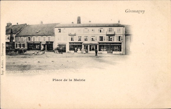 Postcard Giromagny Schermenei Territoire de Belfort, black and white picture, Place de la Mairie, building, Me