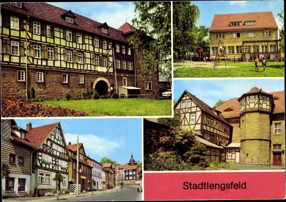Postcard Stadtlengsfeld in the Rhön Thuringia, diet sanatorium, daycare, market street, half-timbered houses