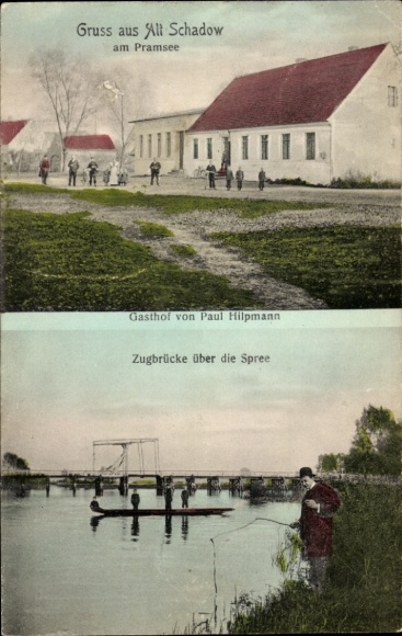 Postcard Alt Schadow Märkische Heide, Paul Hilpmann's inn, drawbridge over the Spree