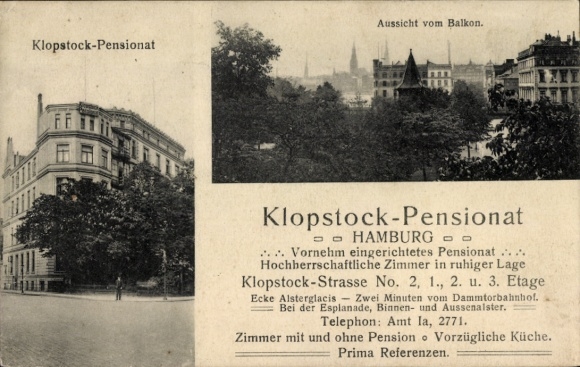 Postcard Hamburg Eimsbüttel Rotherbaum, Klopstock-Pensionat, Klopstock-Str. 2 corner of Alsterglacis