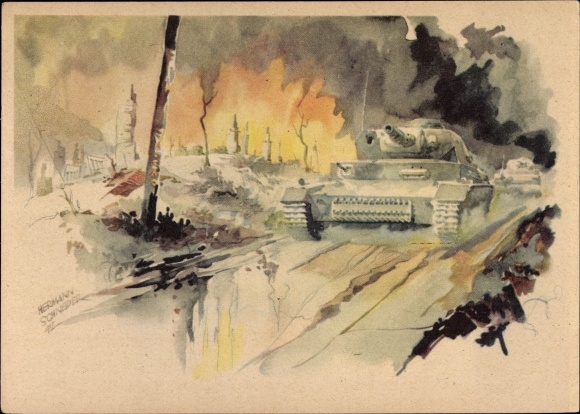 Artist PC Schneider, H., the attack rolled on, Wehrmacht, Panzer IV, Russian campaign, II WW
