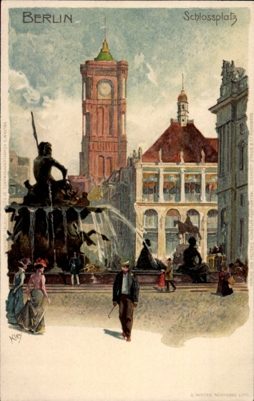 Artist Chromo-Litho Kley, Heinrich, Berlin Mitte, Schlossplatz, Neptune Fountain, Town Hall