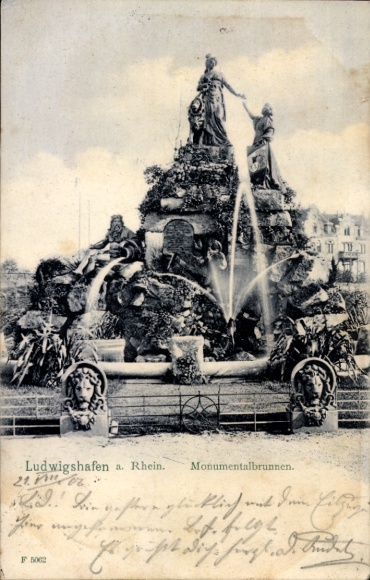 Ak Ludwigshafen am Rhein, Monumentalbrunnen, Wasserspiele, Löwenkopf
