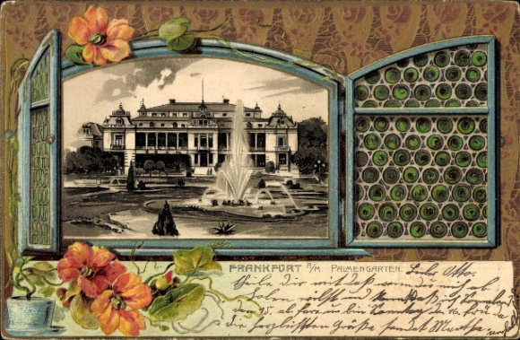 Passepartout Chromo-Litho Frankfurt am Main, Palmengarten, window, flowers