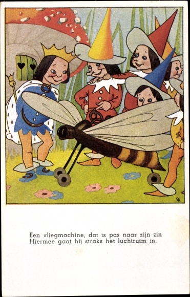 Artist Postcard Dwarfs show the king a wasp plane