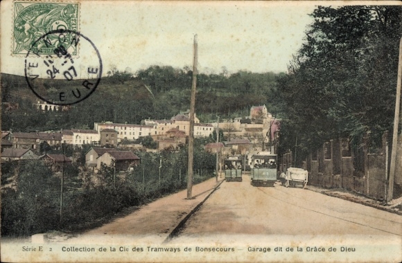 Ak Bonsecours Seine Maritime, Garage dit de la Grâce de Dieu, Straßenbahnen