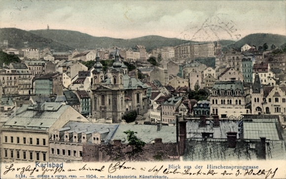Postcard Karlsbad in Baden, view of Hirschensprunggasse, colored view, row of houses