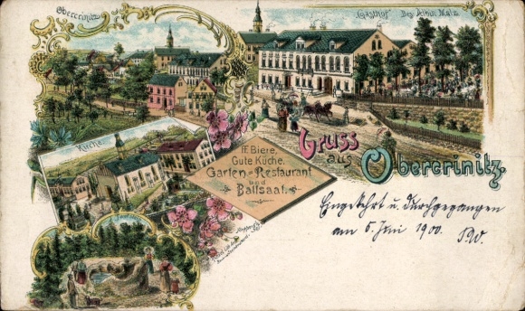 Litho Obercrinitz Crinitzberg in Sachsen, Gasthof, Kirche