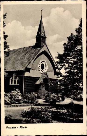 Postcard Freistatt Lower Saxony, view of the wooden church, steeple