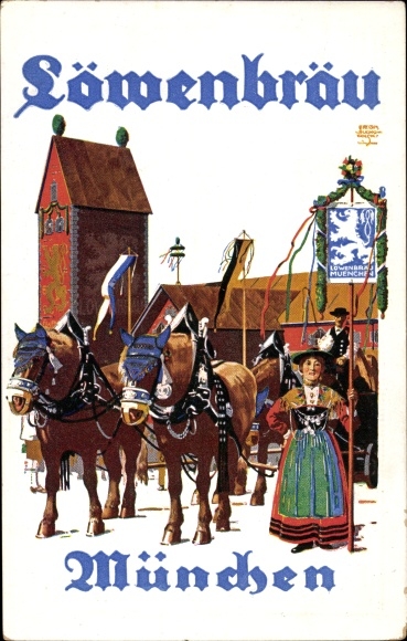 Artist PC Munich Bavaria, Oktoberfest, team of horses from the Löwenbräu brewery, Bavarian costume