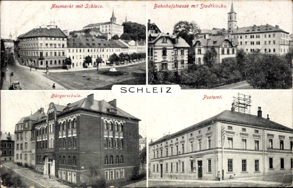 Ak Schleiz im Vogtland Thüringen, Neumarkt mit Schloss, Bahnhofstraße mit Stadtkirche, Bürgerschu
