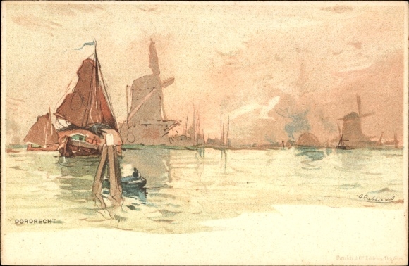 Artist Chromo-Litho Cassiers, H., Dordrecht South Holland Netherlands, Harbour, Windmills