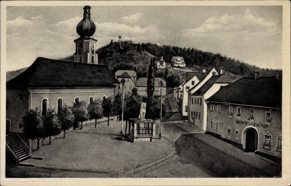 Postcard Tännesberg in the Upper Palatinate, market square with lion monument, church, Gasthof zur Post