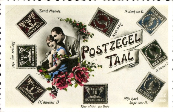 Ak Briefmarkensprache, Liebespaar, Blumen