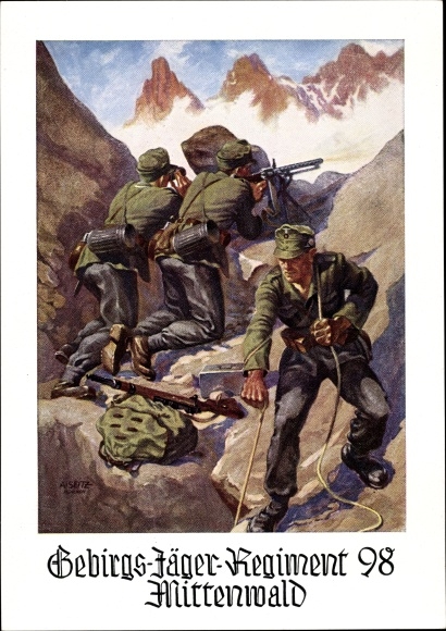 Künstler Ak Seitz, Mittenwald in Oberbayern, Gebirgsjäger Regiment 98, Wehrmacht