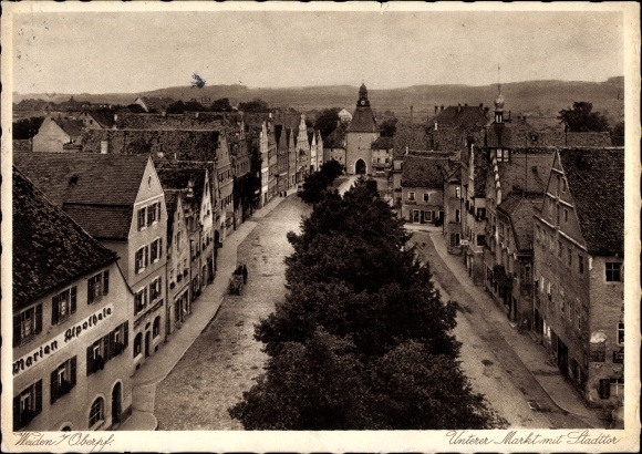 Ak Weiden in der Oberpfalz Bayern, Unterer Markt mit Stadttor, Marienapotheke