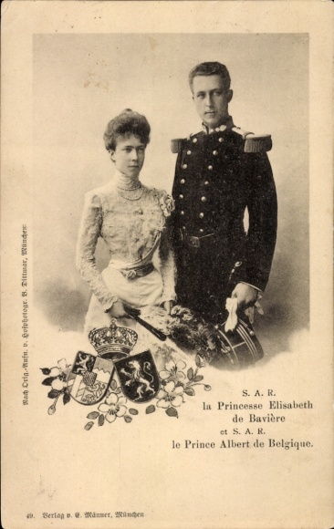 Coat of arms Postcard Duchess Elisabeth in Bavaria, Prince Albert of Belgium, marriage 2 October 1900