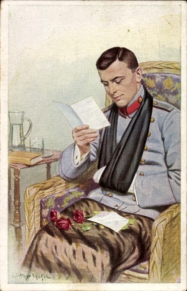 Artist Postcard Günther Nagel, Lieutenants at home, A kind greeting, wounded soldier, letter