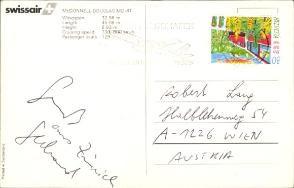 Postcard passenger aircraft McDonnel Douglas MD 81, Swissair