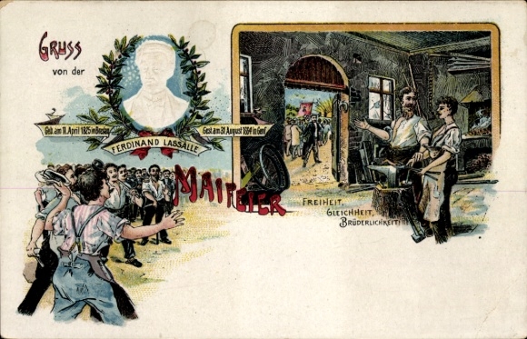 Chromo-Litho May Day celebration, trade union festival, Ferdinand Lassalle, blacksmith, freedom equality fraternity