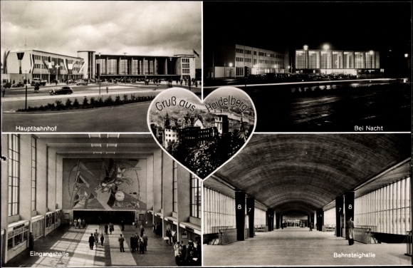 Ak Heidelberg am Neckar, Hauptbahnhof, Bei Nacht, Eingangshalle, Bahnsteighalle, Schloss