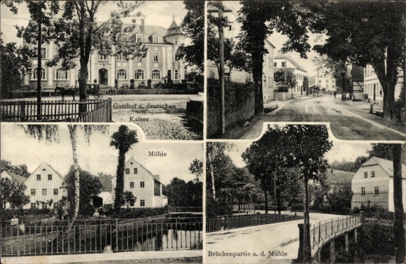 Ak Wiesa Kamenz in der Lausitz, Gasthof zum deutschen Kaiser, Mühle, Brücke, Straße