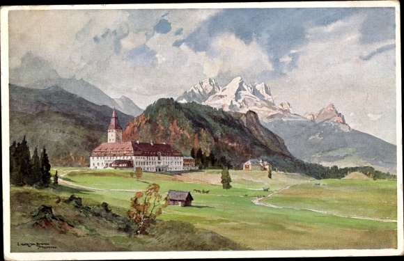 Kunstenaars Ak Compton, Edward Harrison, Klais Krün Opper-Beieren, Elmau Castle, Waxenstein