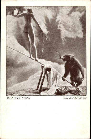 Artist PC Müller, R., on the swing, naked woman with tambourine, bear