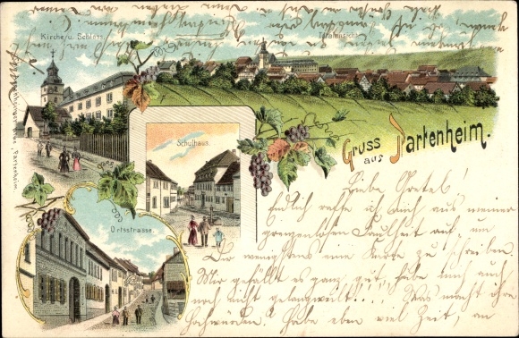Chromo-Litho Partenheim in Rheinhessen, church, castle, school building, local street, panorama