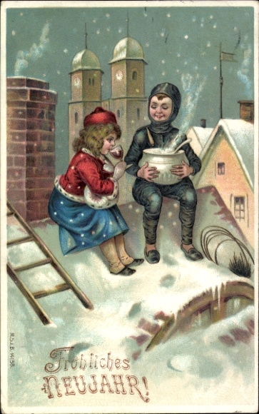 Präge Ak Glückwunsch Neujahr, Schornsteinfeger, Punsch, Mädchen