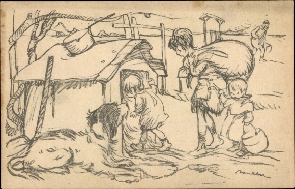 Artist Postcard Poulbot, Francisque, Children move into a doghouse