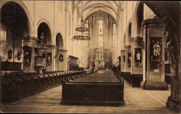 Postcard Prüm in the Eifel, interior view of a church, long benches, high ceilings, religious images